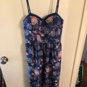 Blue floral jumpsuit, floor length.